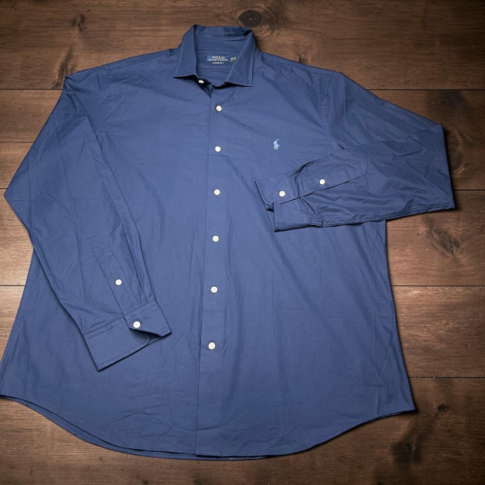 Polo Ralph Lauren Mens XXL Classic Fit Navy Blue Stretch Button Down Shirt Long